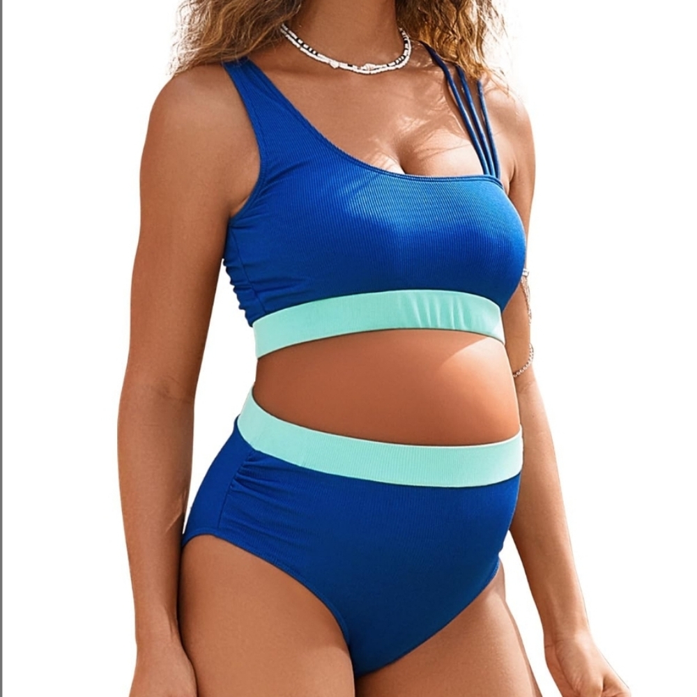 Moomood Maternity 2 Piece Swimsuit Blue Green High Waisted Bikini Medium XL